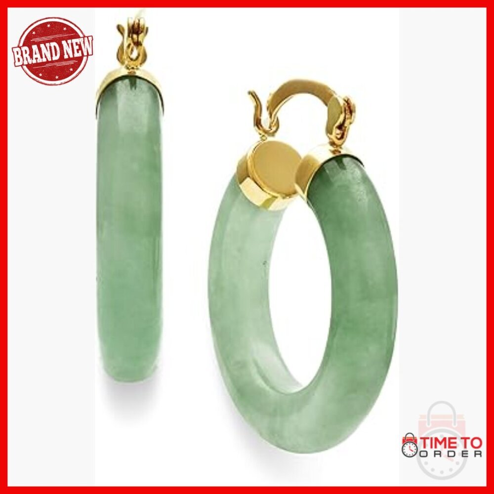 10K Yellow Gold Jade Hoop Earrings, 1 Inch Diameter, Hinge Post Closure